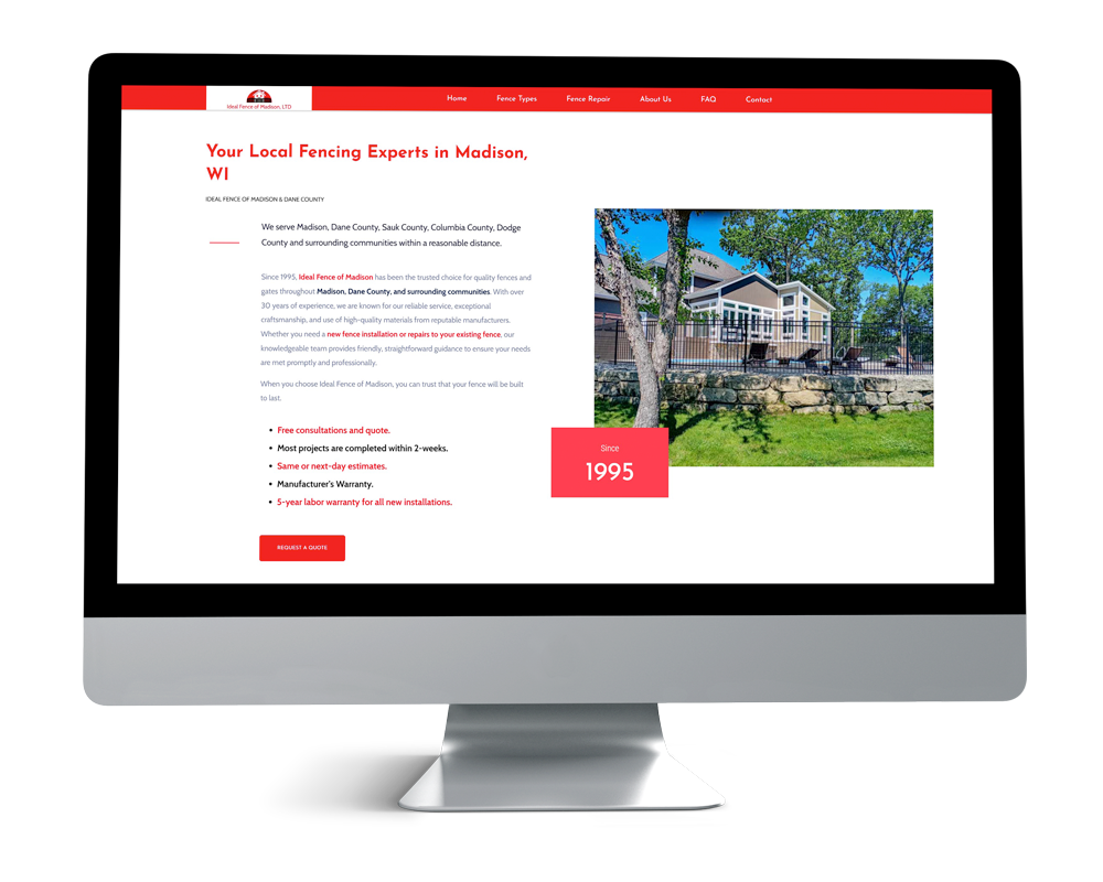 Ideal Fence of Madison home page shown on a desktop screen, featuring company background, service areas, and photo of completed fencing project.