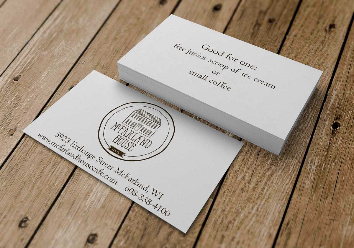 July 2025 Newsletter 1 Business Cards - McFarland House Café featuring a clean design with logo, contact info, and a promotional offer for a free coffee or junior ice cream scoop.