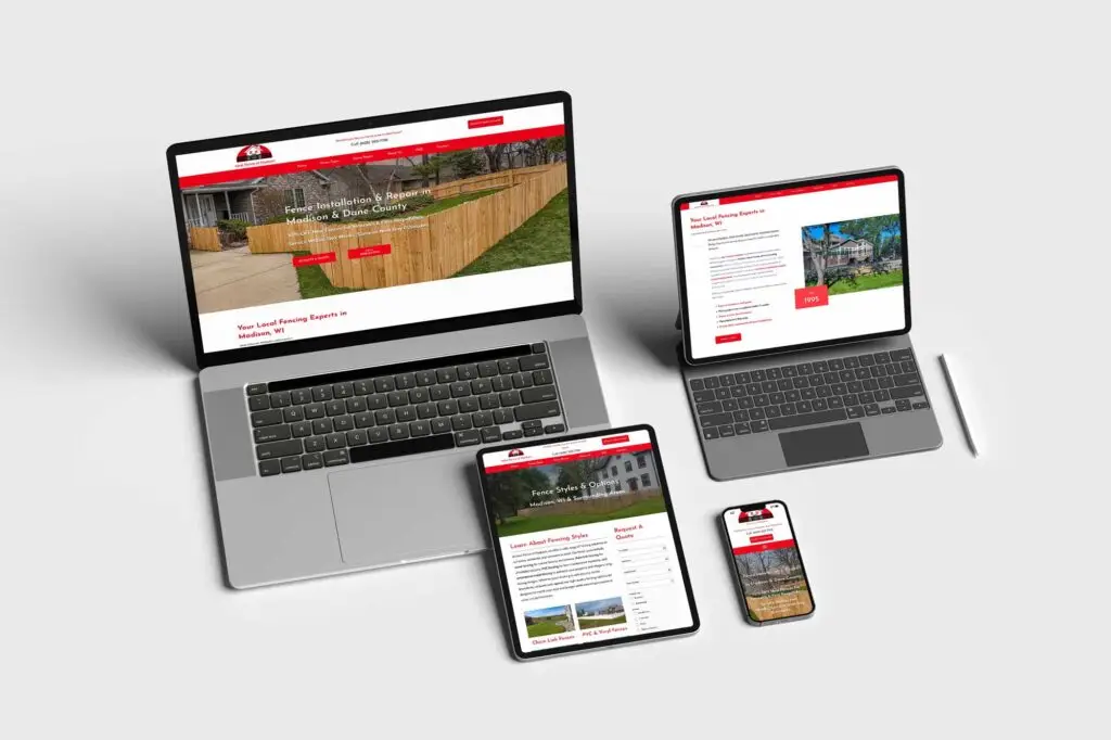 Ideal Fence of Madison website displayed on multiple devices including a laptop, tablet, and smartphone, showcasing a clean, responsive web design.