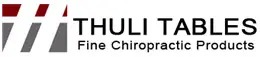 Thuli Tables Logo featuring bold geometric red and gray slashes with the tagline “Fine Chiropractic Products” in black text.
