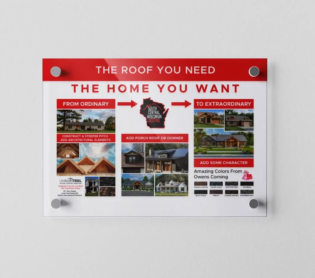 Alumicore Sign with a Red Heading that states "The Roof You Need - The Home You Want" with imagery that depicts turning a simple ranch house into an updated home with architectural elements and dormers.