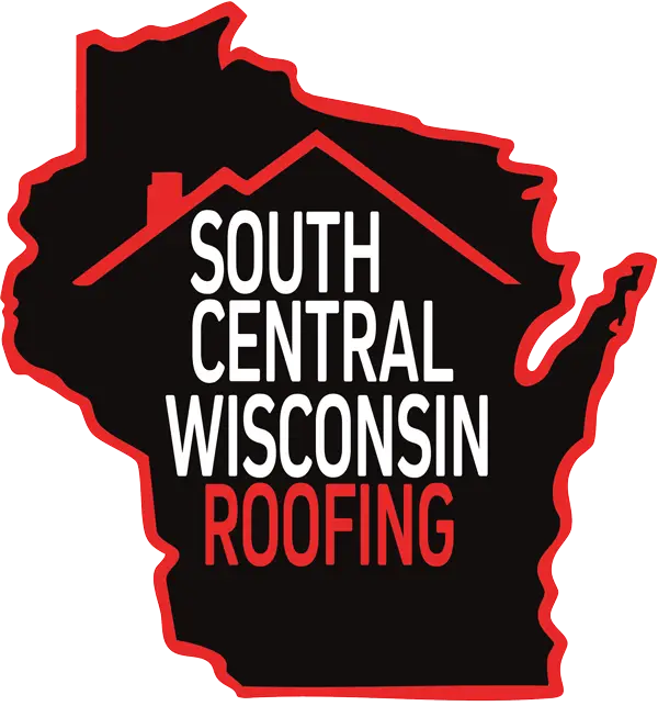 State of Wisconsin shape in black with red outline. South Central Wisconsin Roofing in the middle with roof tops overhead.